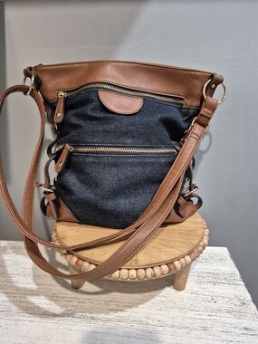 Women’s Crossbody/Shoulder Bag in Dark Blue Denim and Brown Faux Leather